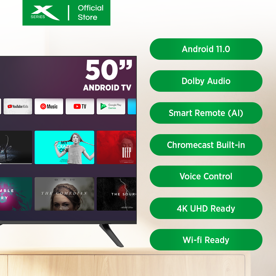 XTREME 50 inch LED TV Android 11.0 4K HD Frameless w/ Wall Bracket (Black) | MF-5000SA