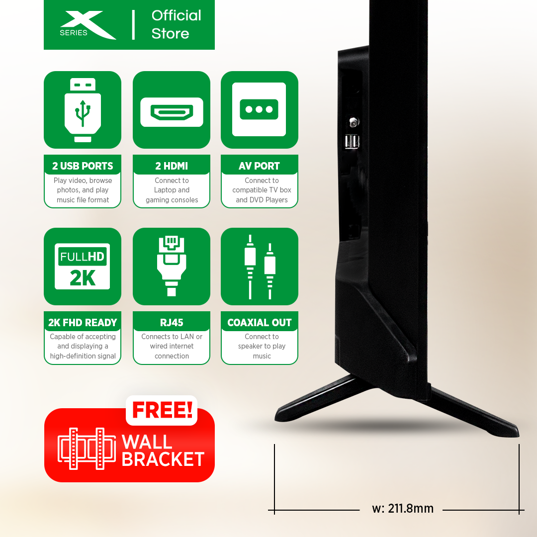 X-SERIES 43 inch LED TV Android 11 Full HD Frameless w/ Wall Bracket (Black) | MF-4300SAX