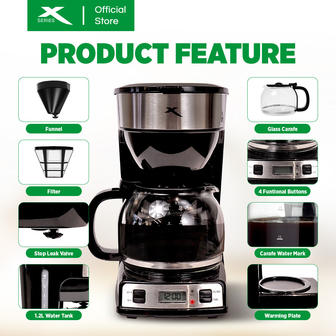 XTREME HOME 1.5L Coffee Maker 4-Functional Buttons Auto Shut-off & LCD Display | XH-COFFEEMAKER150L