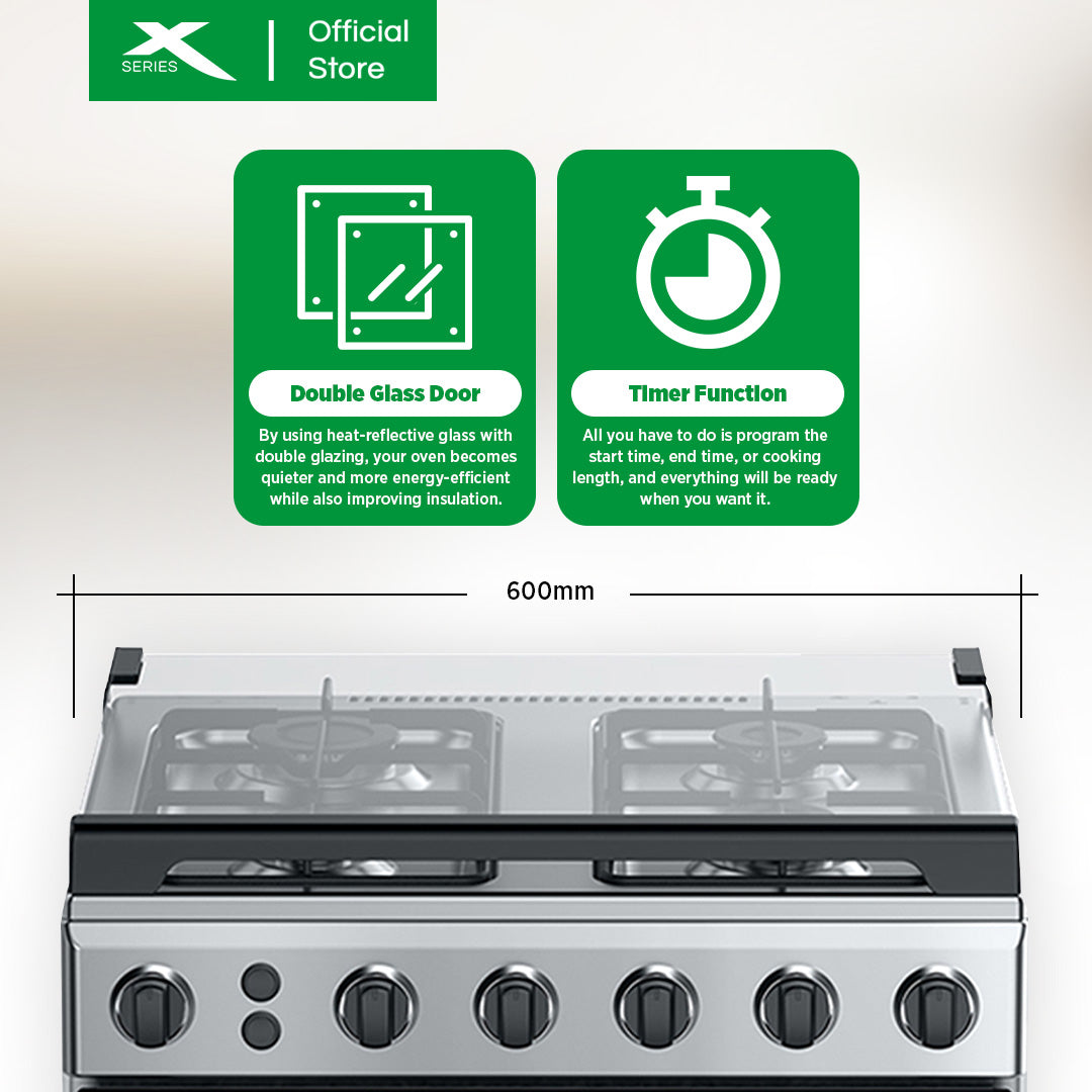 XTREME HOME 60cm Gas Range 4 Burner 67L Oven Electric Ignition LPG Source Panel Rotisserie | XGR-604G