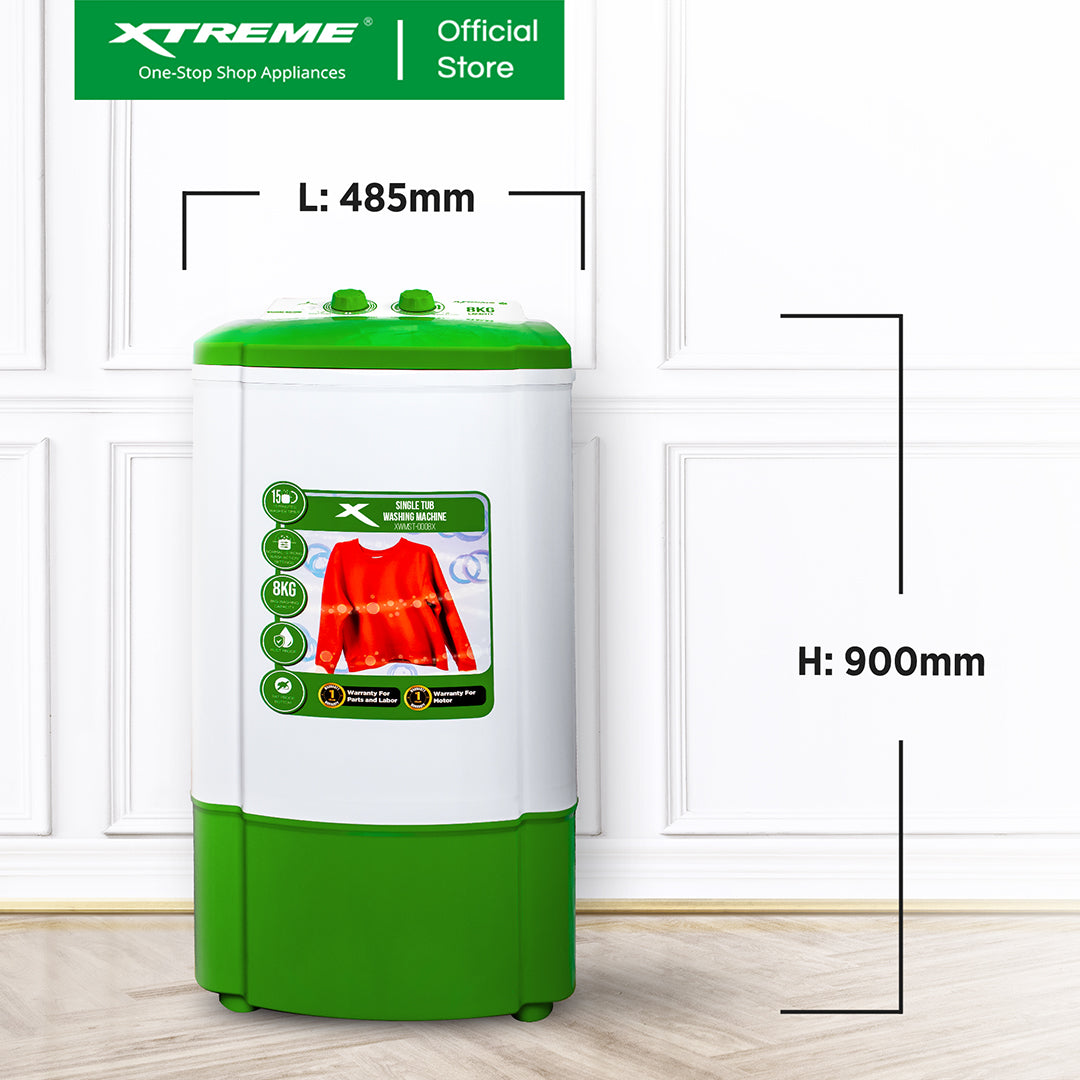 X-SERIES 8KG Single Tub Washing Machine Capacity 260W Wash Power (Green Cover) | XWMST-0008X