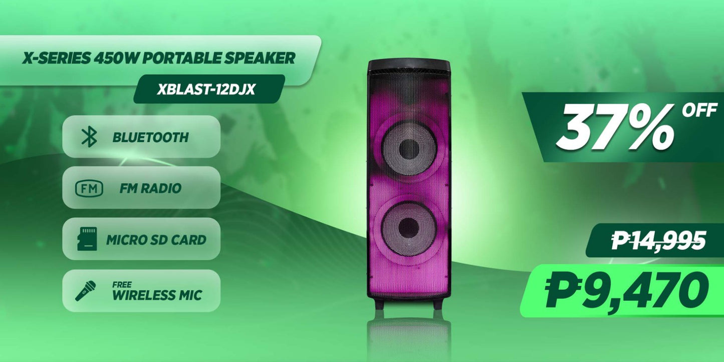 XTREME 450W One Way Portable Speaker System USB Guitar Input FM Radio Mic Input | XBLAST-12DJ