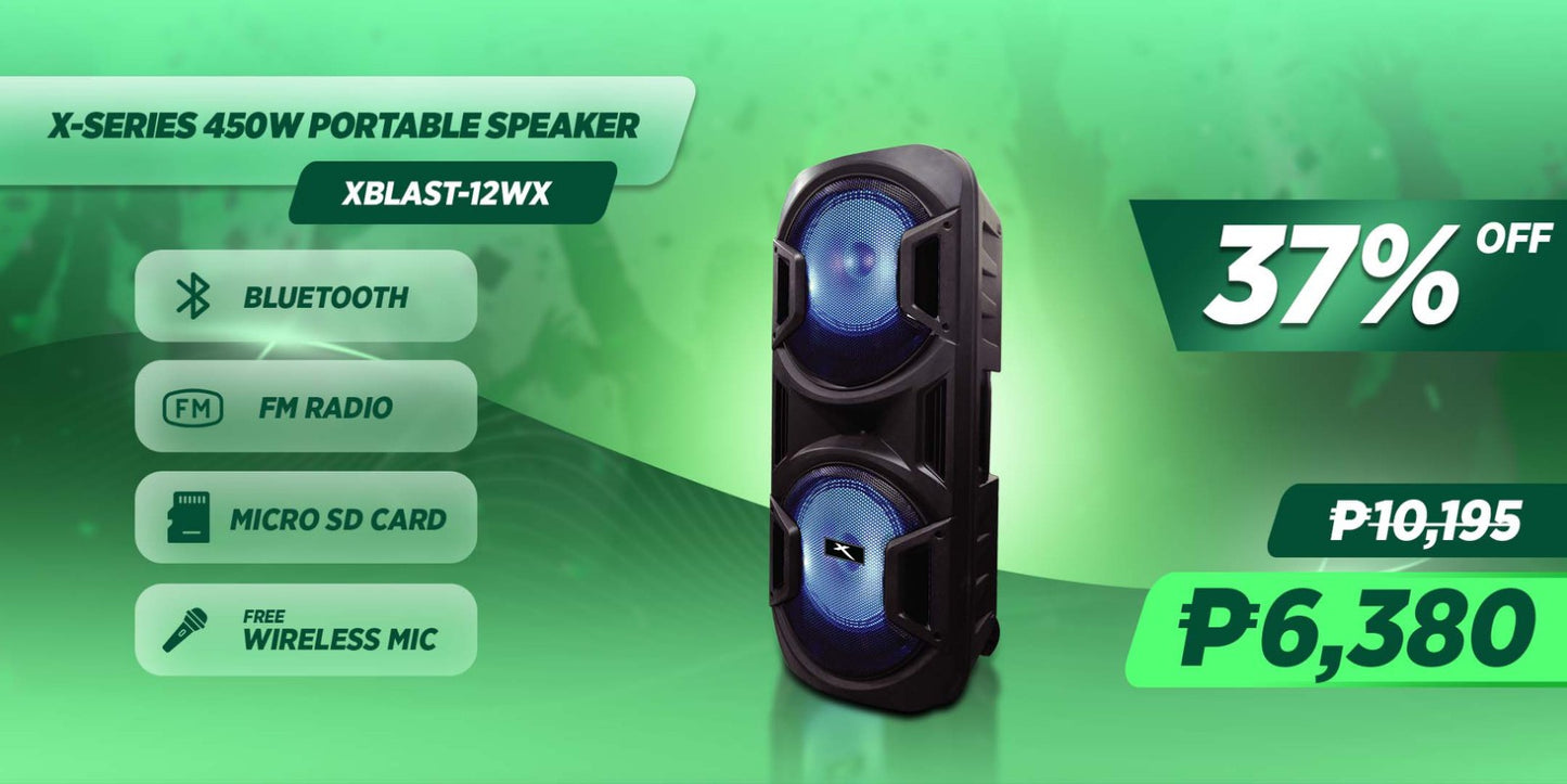 XTREME 450W Portable Speaker System USB Micro SD FM Radio Mic Input Guitar Input | XBLAST-12W