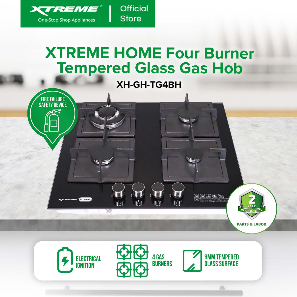 XTREME HOME 4 Burner Tempered Glass Gas Hob with Electric Ignition and