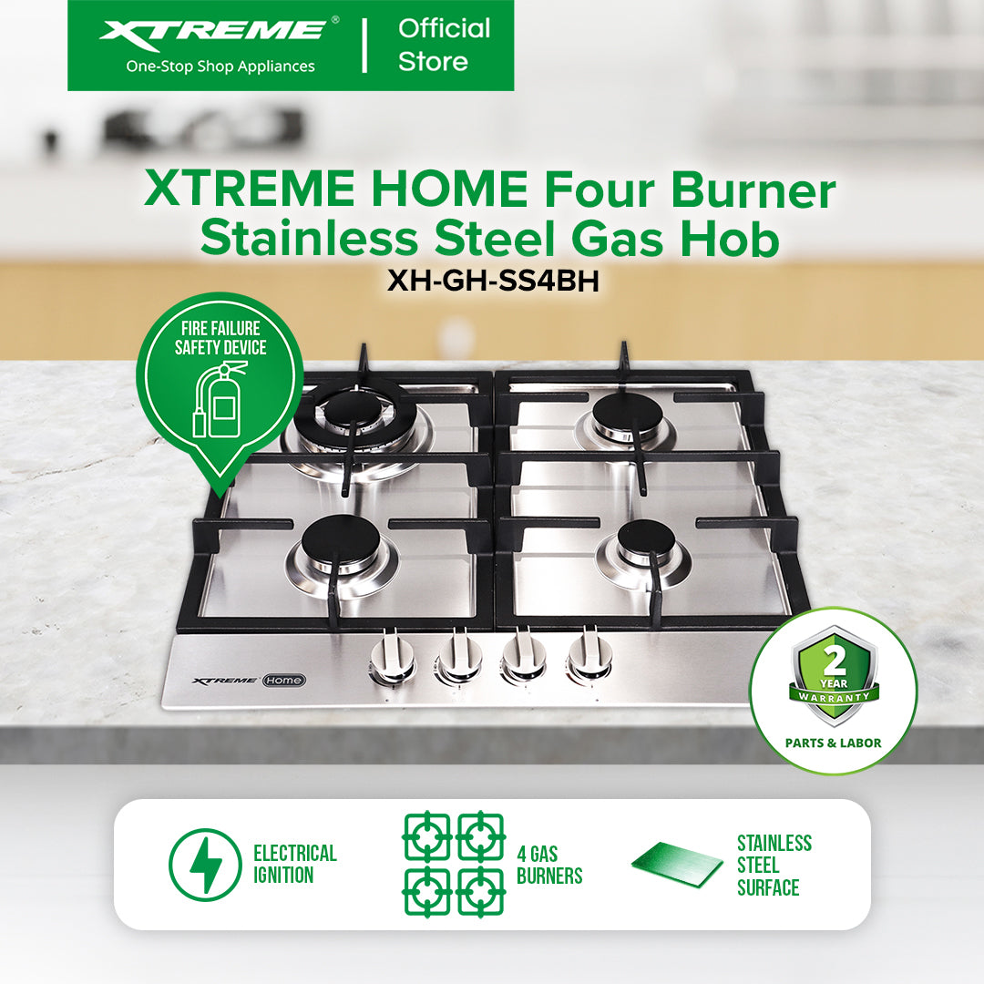 XTREME HOME 4 Burner Stainless Steel Gas Hob with Electric Ignition an