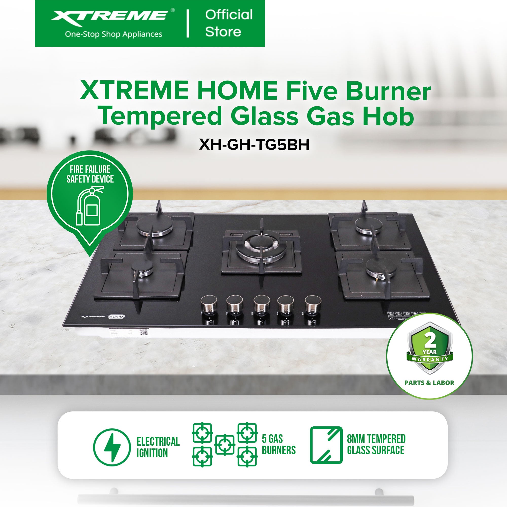 XTREME HOME 5 Burner Tempered Glass Gas Hob with Electric Ignition and FFD (Black) | XH-GH-TG5BH