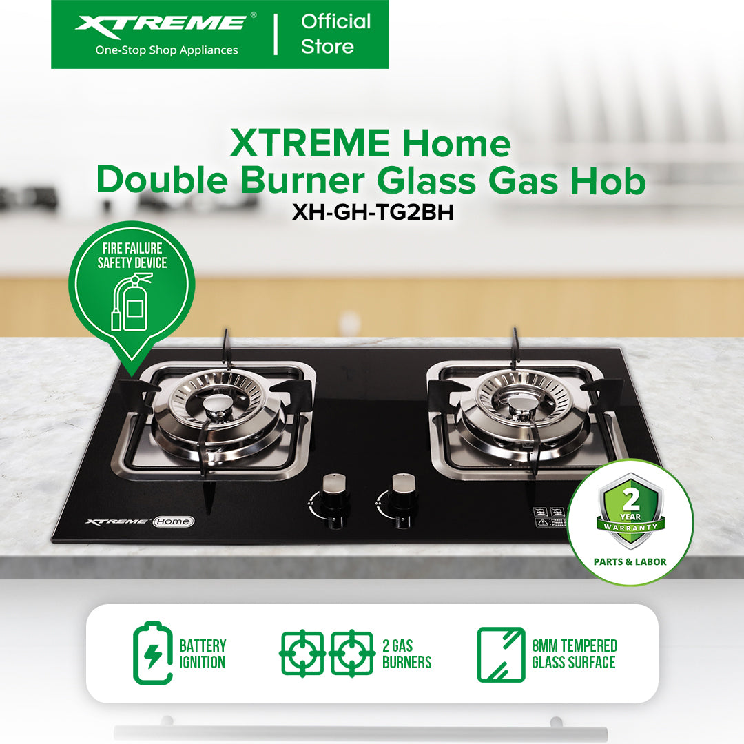 XTREME HOME Double Burner Tempered Glass Gas Hob with Battery Ignition