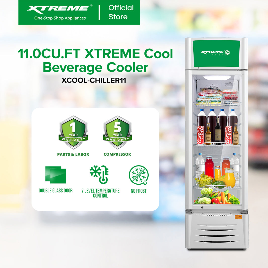 XTREME COOL 11 CUFT. Beverage Cooler No Frost Double Glass Door w/ Key & Lock | XCOOL-CHILLER11
