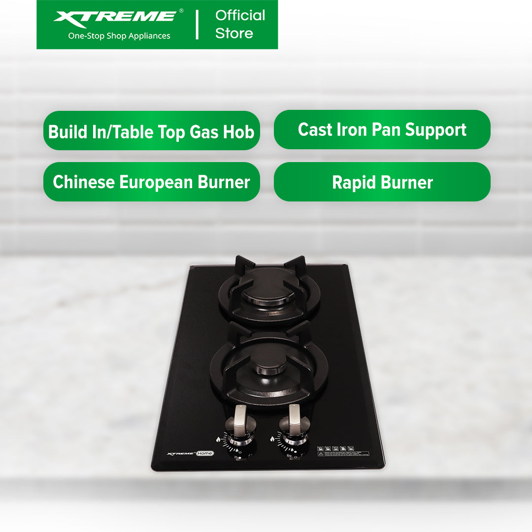 XTREME HOME Double Burner Tempered Glass Gas Hob with Battery Ignition and FFD (Black) | XH-GH-TG2BV
