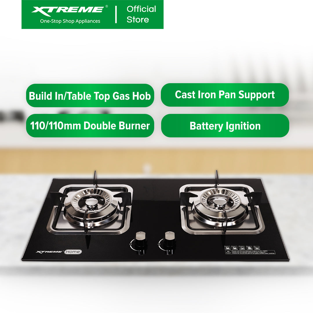 XTREME HOME Double Burner Tempered Glass Gas Hob with Battery Ignition and FFD (Black) | XH-GH-TG2BH