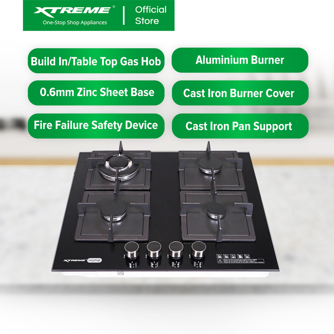 XTREME HOME  4 Burner Tempered Glass Gas Hob with Electric Ignition and FFD (Black) | XH-GH-TG4BH
