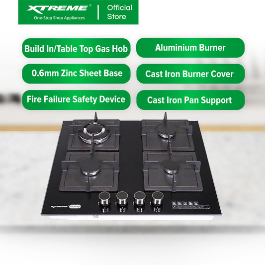 XTREME HOME 4 Burner Tempered Glass Gas Hob (XH-GH-TG4BH)