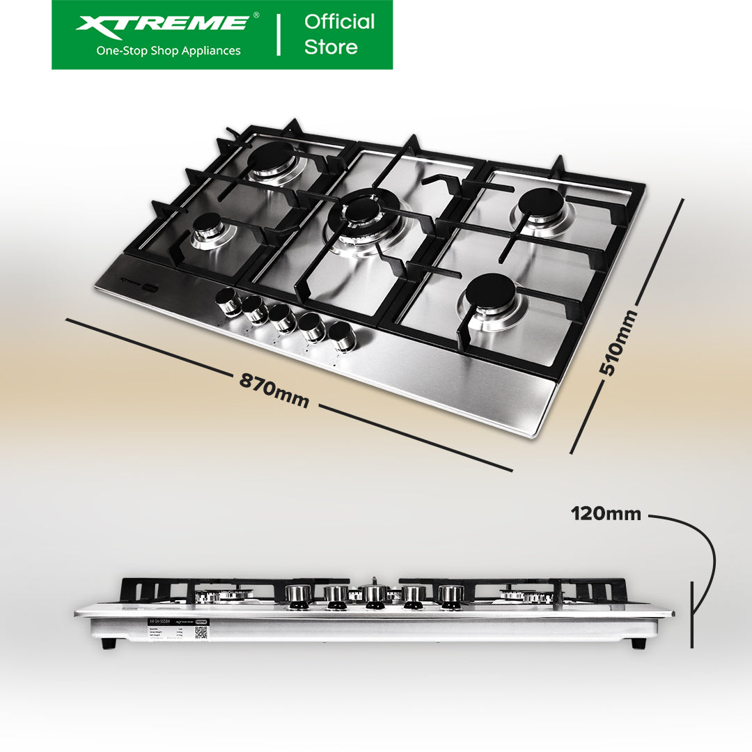 XTREME HOME 5 Burner Stainless Steel Gas Hob with Electric Ignition and FFD (Silver) | XH-GH-SS5BH