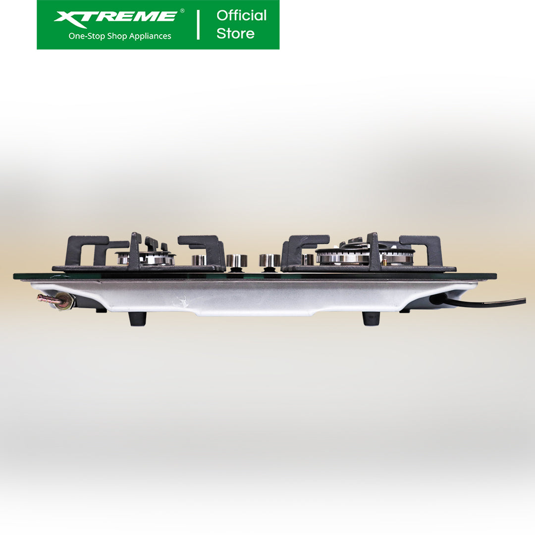 XTREME HOME 4 Burner Tempered Glass Gas Hob with Electric Ignition and FFD (Black) | XH-GH-TG4BH