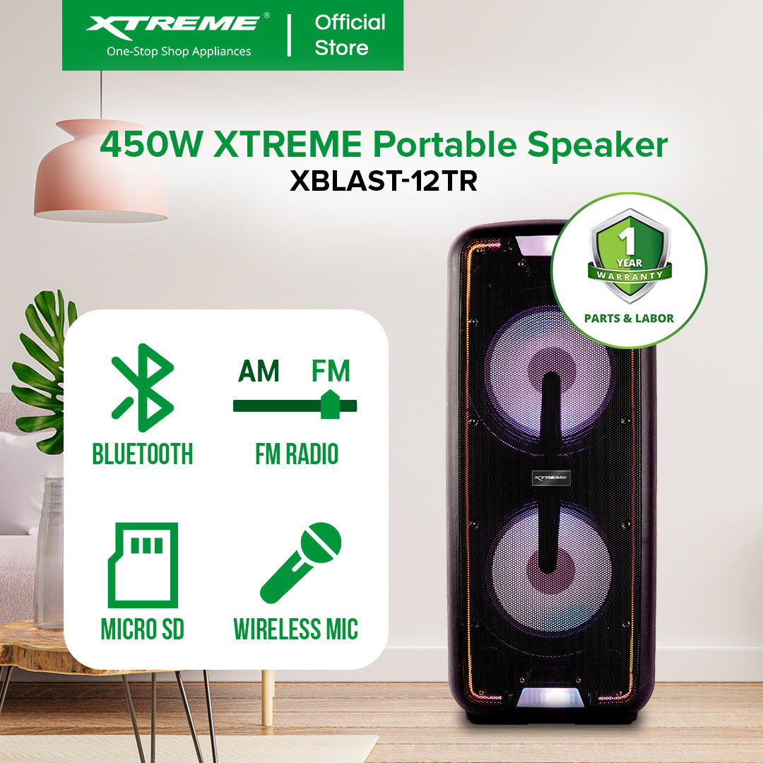 XTREME 450W Way Portable Speaker System USB Micro SD FM Radio Mic Guitar Input XBLAST-12TR