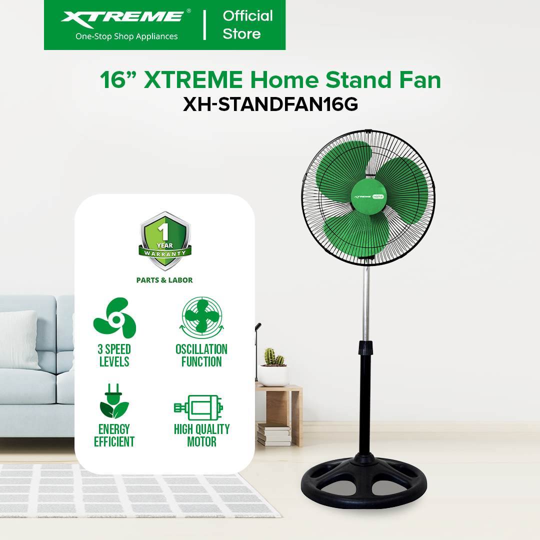 XTREME HOME 16 inches Stand Fan 3-Speed Levels Oscillation Function (Green Blade) | XH-STANDFAN16G