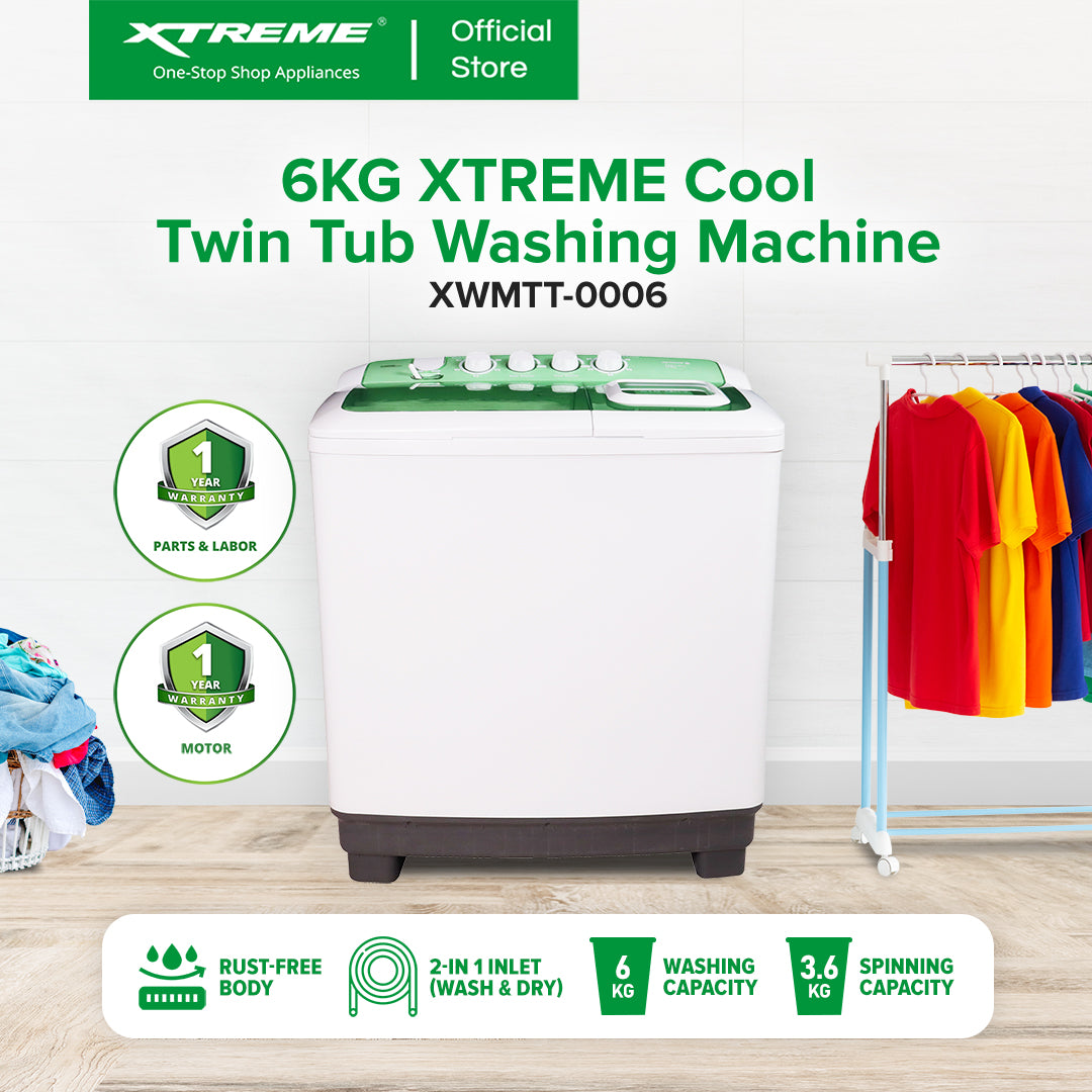 XTREME COOL 6KG Twin Tub Wash and 3.6KG Spin Dry Washing Machine (Green Cover) | XWMTT-0006