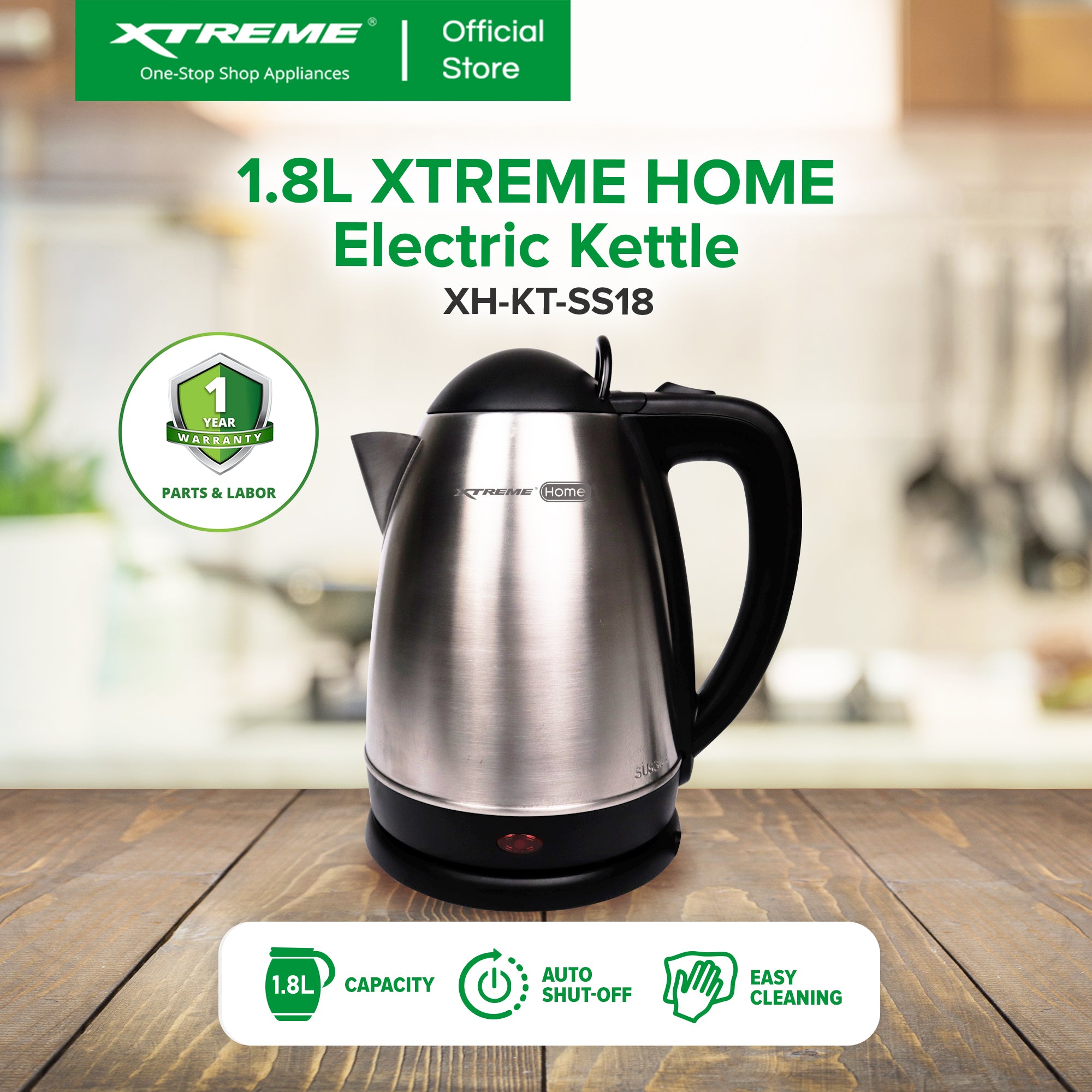XTREME HOME 1.8L Stainless Steel Electric Kettle Cordless with Automatic Power-off | XH-KT-SS18