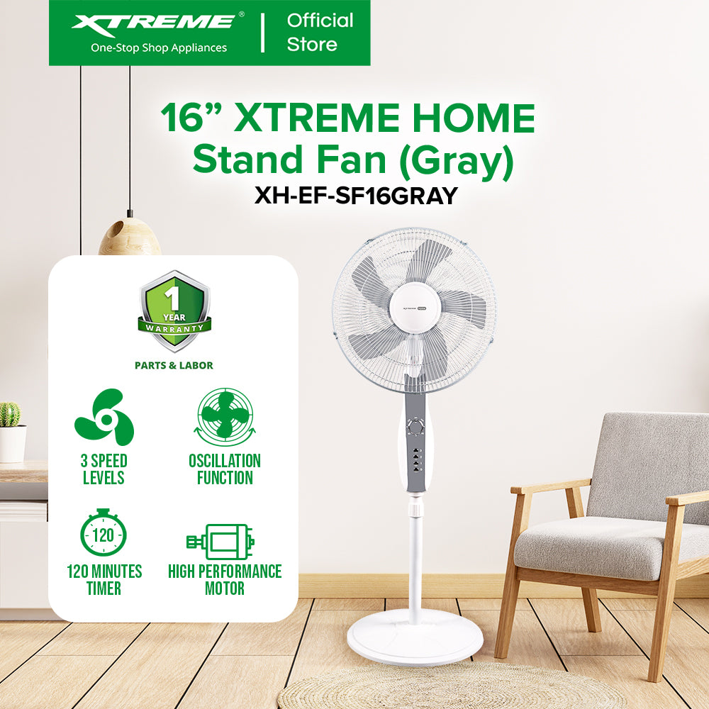 XTREME HOME 16 inches Stand Fan 3-Speed with Timer (Gray Blade) | XH-EF-SF16GRAY