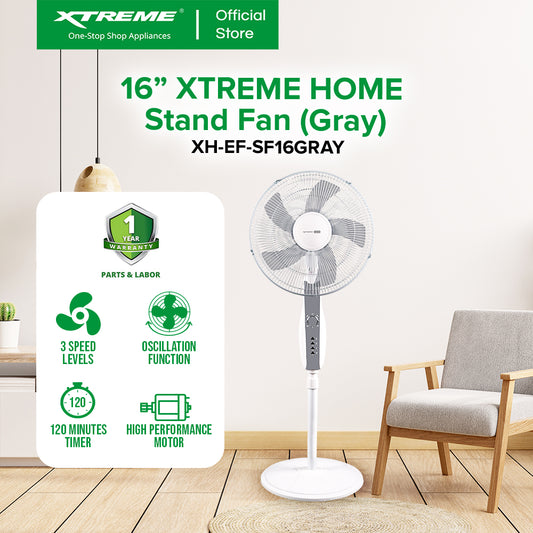 XTREME HOME 16 inches Stand Fan 3-Speed with Timer (Gray Blade) | XH-EF-SF16GRAY