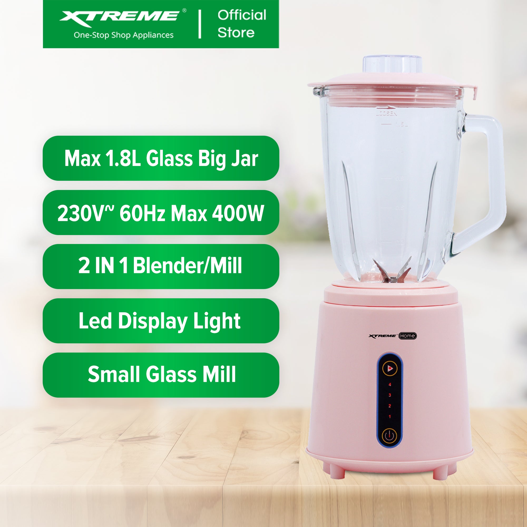 X-SERIES 1.8L Blender BPA-Free 4 Speed & Pulse Safety Lock w/ 2 IN 1 BLENDER (Pink) | XH-BL-GL18PNKX