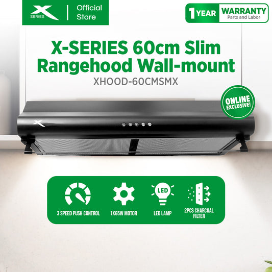 X-SERIES 60cm Slim Rangehood Wall-moun 1x65w Motor with 3 Speed Push Control (Black) | XHOOD-60CMSMX