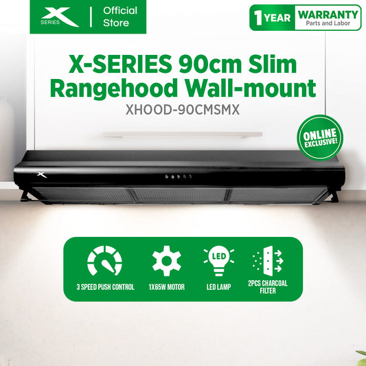 X-SERIES 90cm Slim Rangehood Wall-mount 1x65w Motor with 3 Speed Push Control (Black) | XHOOD-90CMSMX