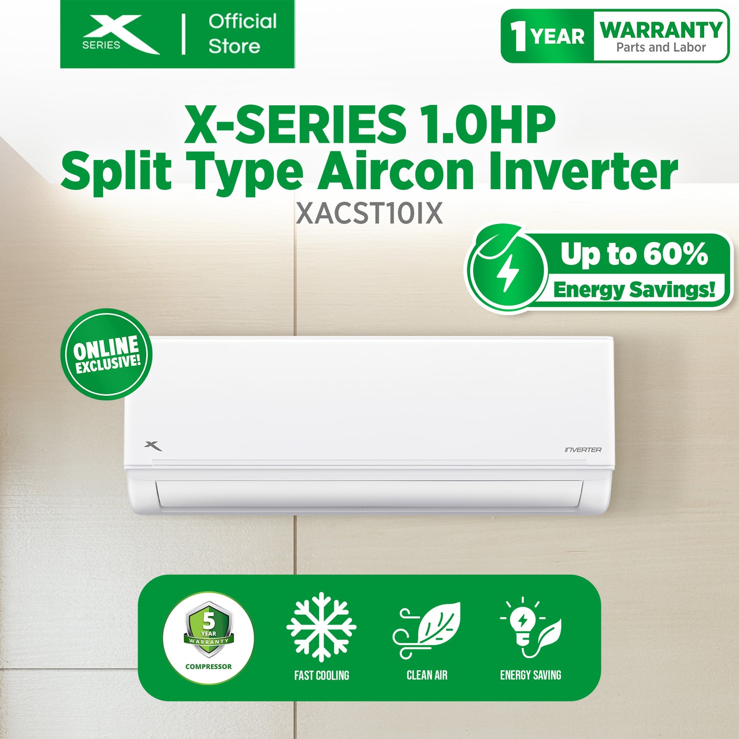 X-SERIES 1HP Split Type Aircon INVERTER 2-way Draining Connection | XACST10iX