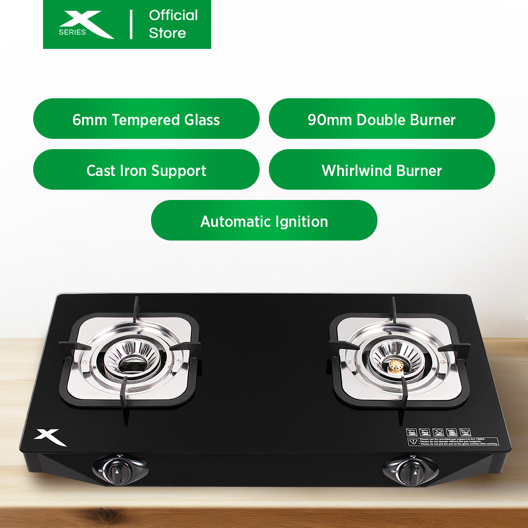 X-SERIES Double Burner Tempered Glass Gas Stove Cast Iron & Automatic Ignition | XGS-GLASS2BX