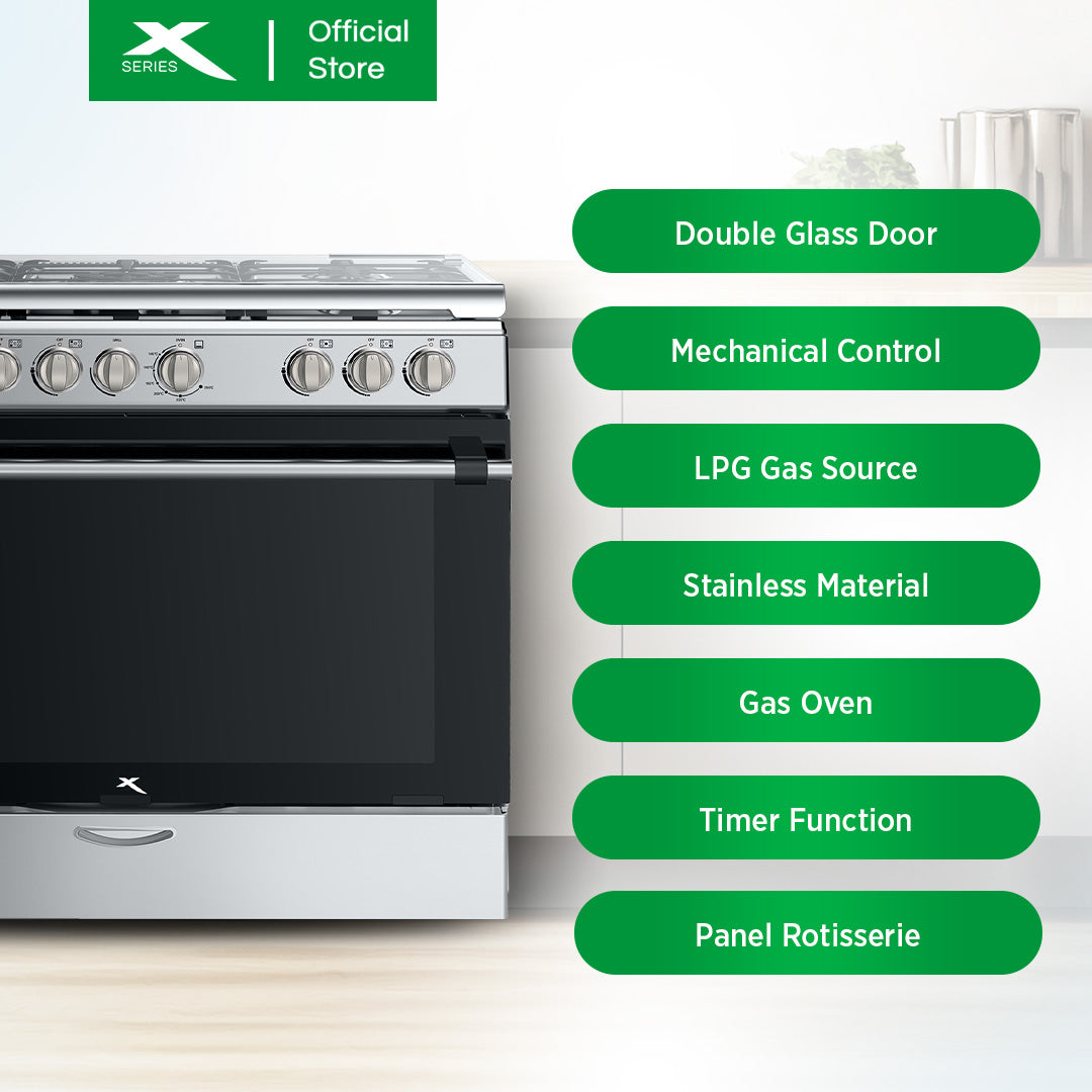 XTREME HOME 90cm Gas Range 5 Burner 115L Oven Electric Ignition LPG Source Panel Rotisserie | XGR-905G