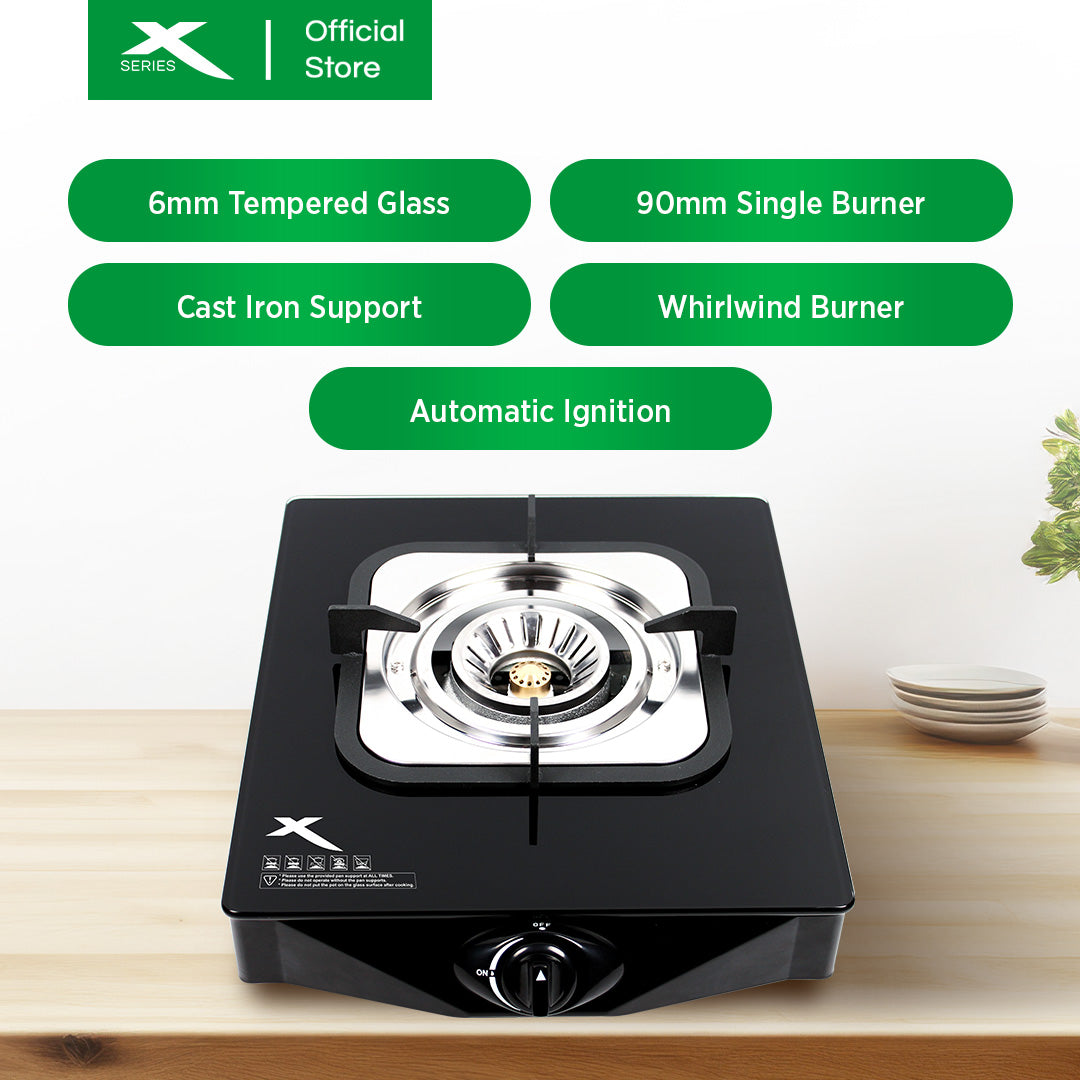 X-SERIES Single Burner Tempered Glass Gas Stove Cast Iron & Automatic Ignition | XGS-GLASS1BX
