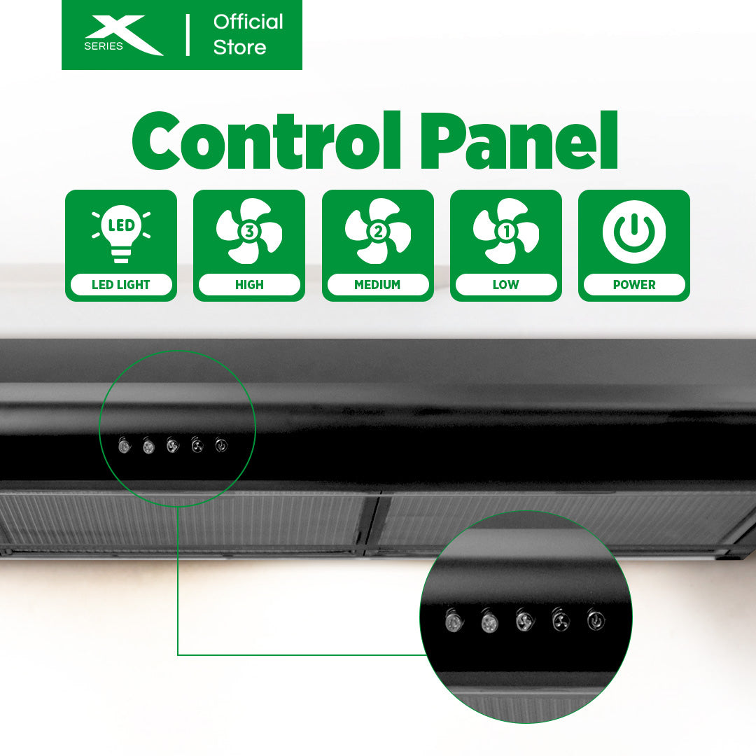 X-SERIES 90cm Slim Rangehood Wall-mount 1x65w Motor with 3 Speed Push Control (Black) | XHOOD-90CMSMX