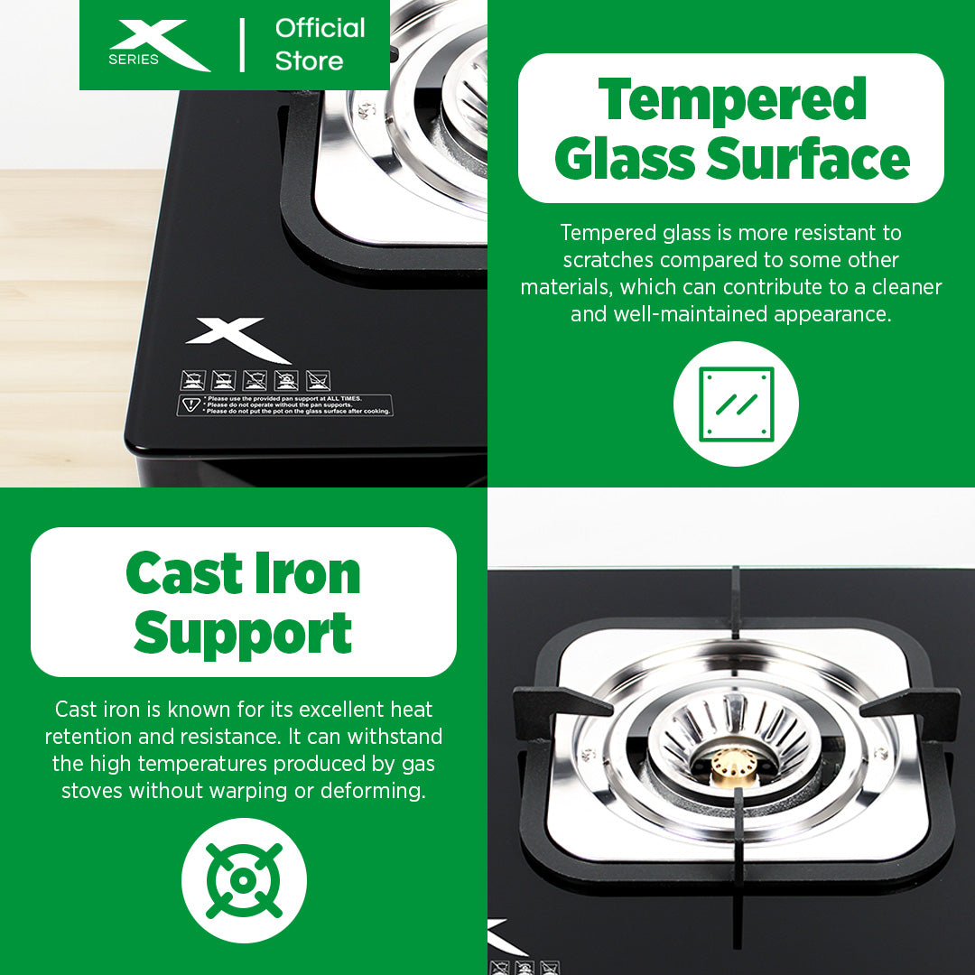 X-SERIES Double Burner Tempered Glass Gas Stove Cast Iron & Automatic Ignition | XGS-GLASS2BX