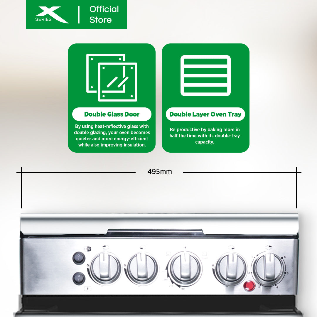 XTREME HOME 50cm Gas Range + 1-Electric Hot Plate 3-Gas Burner/Oven LPG Rotisserie | XGR-503G1E