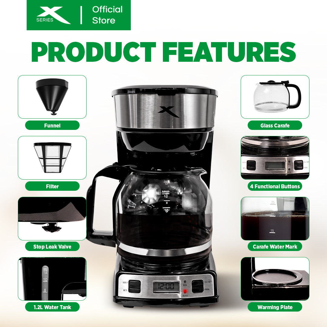 XTREME HOME 1.8L Coffee Maker 4-Functional Buttons Auto Shut-off & LCD Display | XH-COFFEEMAKER180L