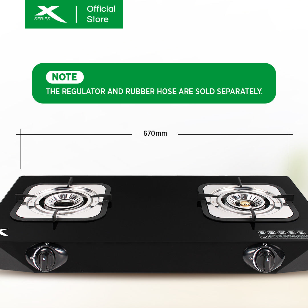 X-SERIES Double Burner Tempered Glass Gas Stove Cast Iron & Automatic Ignition | XGS-GLASS2BX