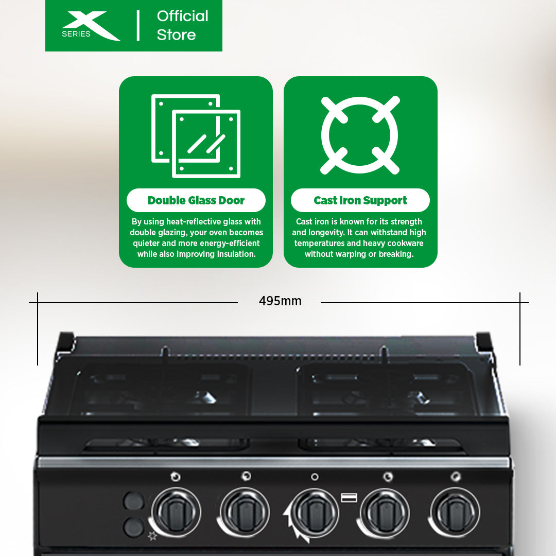 X-SERIES 50cm Gas Range 4-Burner 55L Oven LPG Gas Source w/ FFD Iron Cast & Cover | XGR-504GX