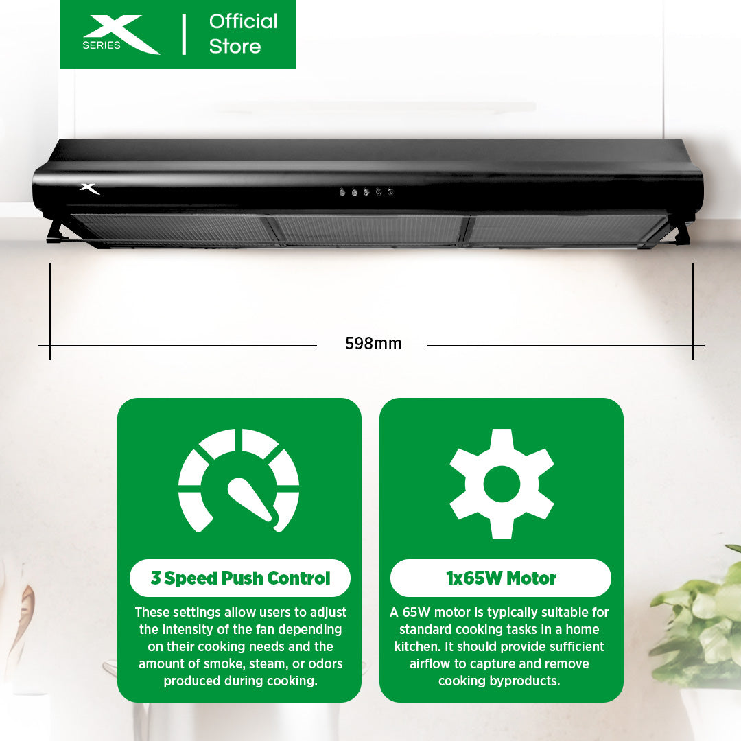 X-SERIES 90cm Slim Rangehood Wall-mount 1x65w Motor with 3 Speed Push Control (Black) | XHOOD-90CMSMX