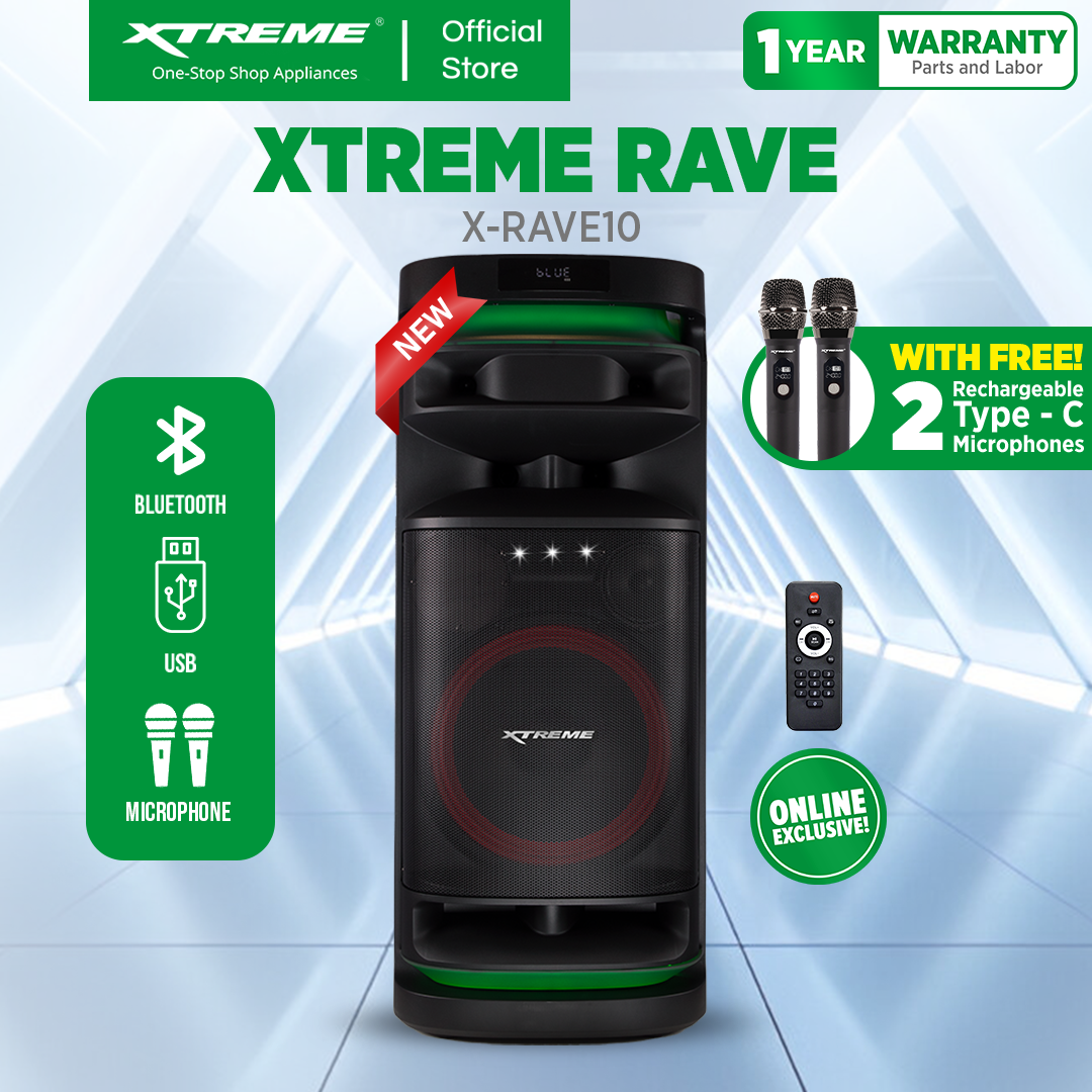 XTREME Rave 1200W Portable DJ Speaker with 2 Wireless Microphone (X-RAVE10)