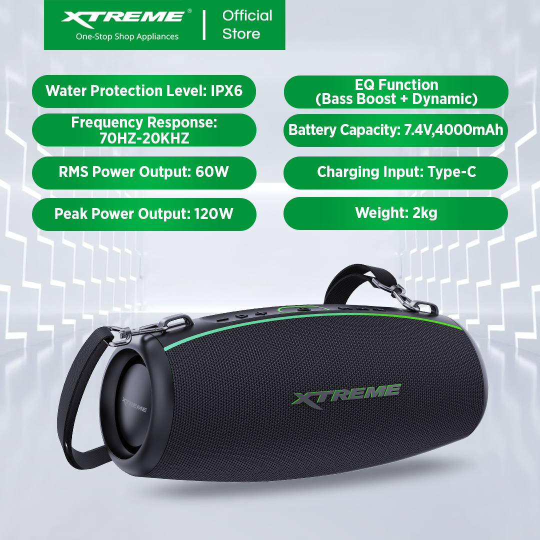 XTREME X-BOOM IPX6 WATER RESISTANT On-the-Go WIRELESS BLUETOOTH PORTABLE TWS Speaker 120W PEAK POWER OUTPUT (X-BOOM)