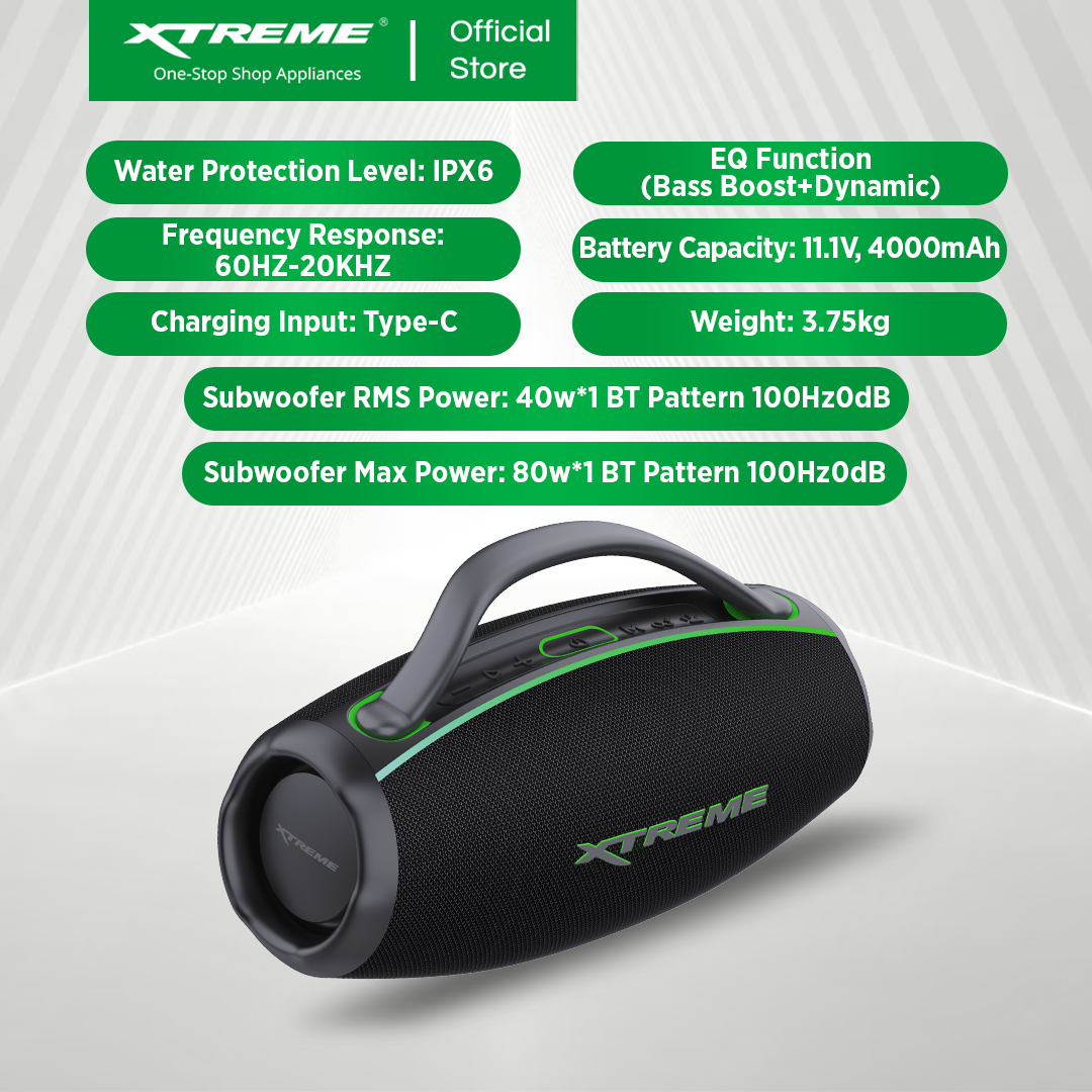 XTREME X-BOOM2 IPX6 Water Resistant PORTABLE TWS SPEAKER WITH EQ Bass Boost and SUB-WOOFER (X-BOOM2)