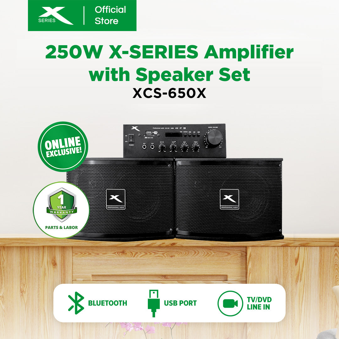 X-SERIES 250W Amplifier w Speaker Set Bluetooth FM Radio USB SD Card w Remote & Wired Mic |XCS-650X