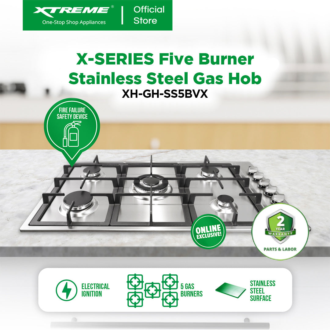 XTREME HOME 5 Burner Stainless Steel Gas Hob w/ Electric Ignition & FFD (Silver) | XH-GH-SS5BVX