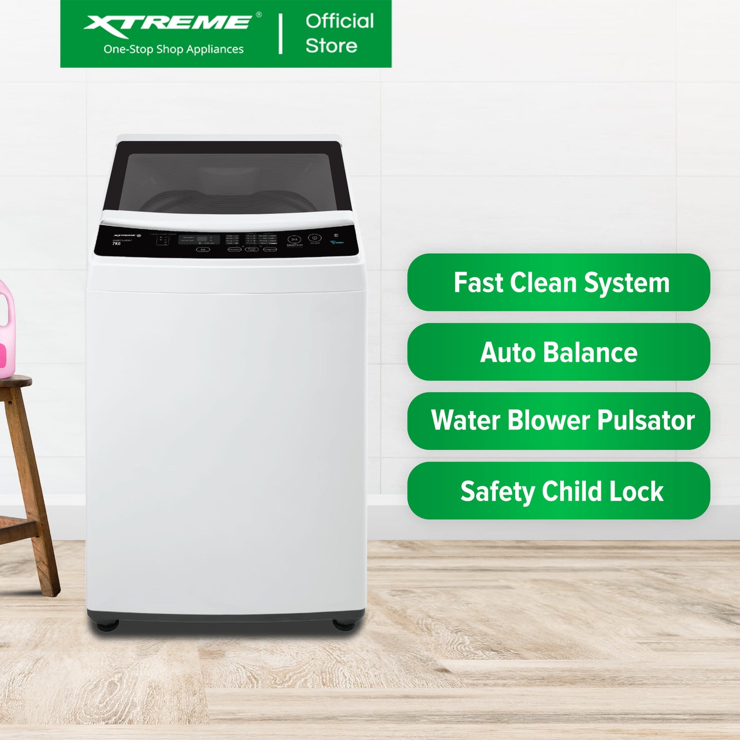 X-SERIES 7KG Top Load Automatic Washing Machine w/ Spin Dry (Black Cover) | XWMTL-0007BX