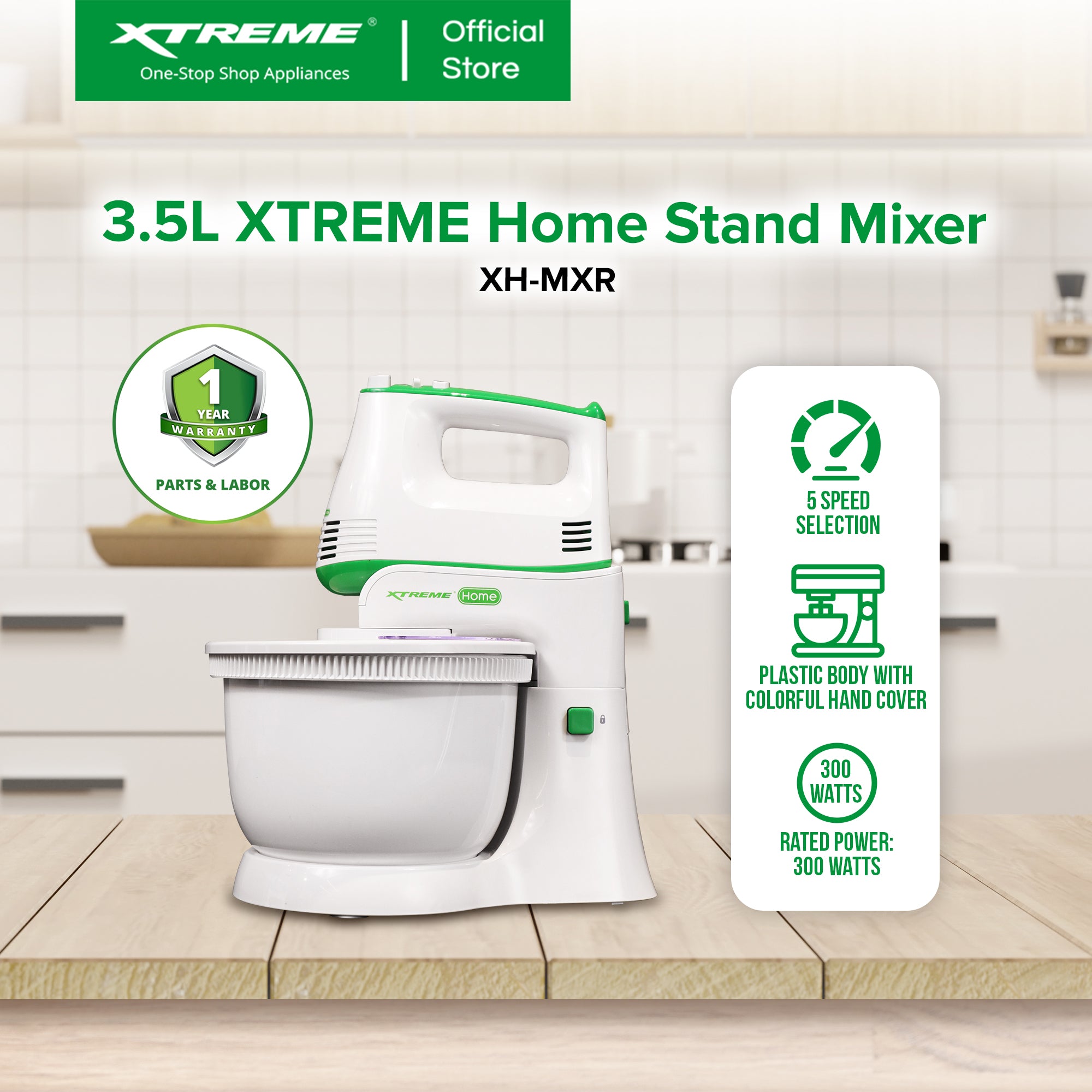 XTREME HOME 3.5L Stand Mixer Plastic Boy with 5 Speeds Selection and Eject Button (White) | XH-MXR
