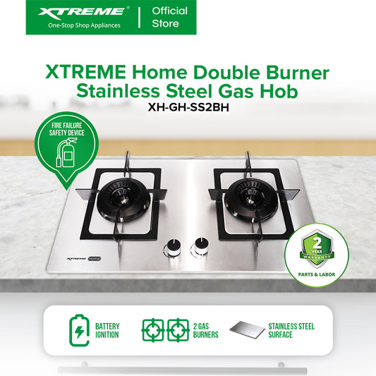 XTREME HOME Double Burner Stainless Steel Gas Hob w/ Cast Iron Battery Ignition & FFD | XH-GH-SS2BH