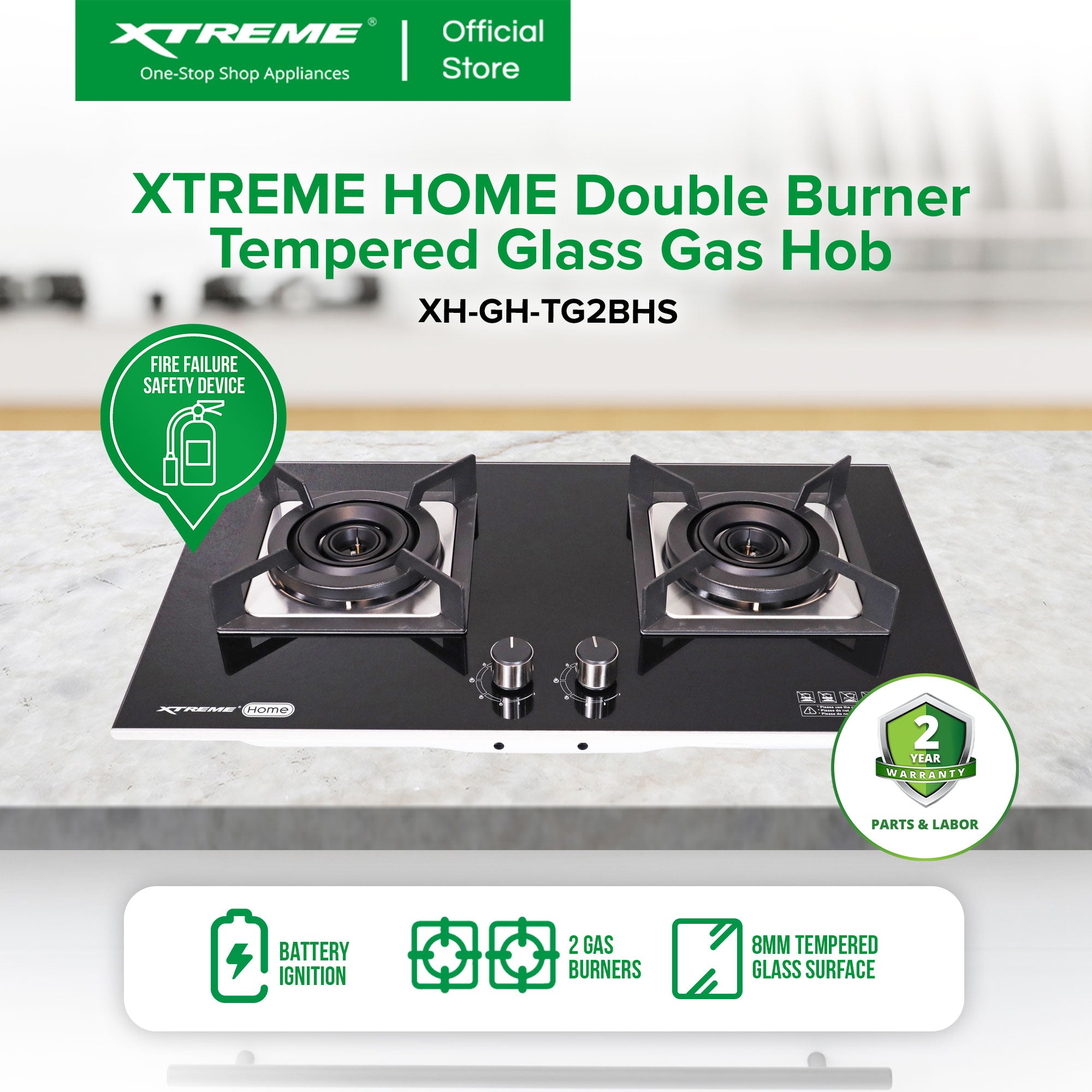 XTREME HOME Double Burner Tempered Glass Gas Hob with Battery Ignition and FFD (Black) | XH-GH-TG2BHS