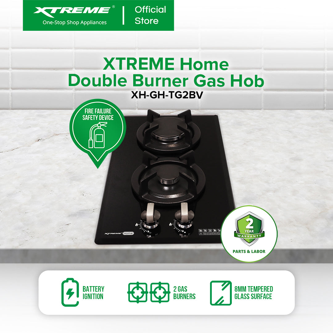 XTREME HOME Double Burner Tempered Glass Gas Hob with Battery Ignition and FFD (Black) | XH-GH-TG2BV