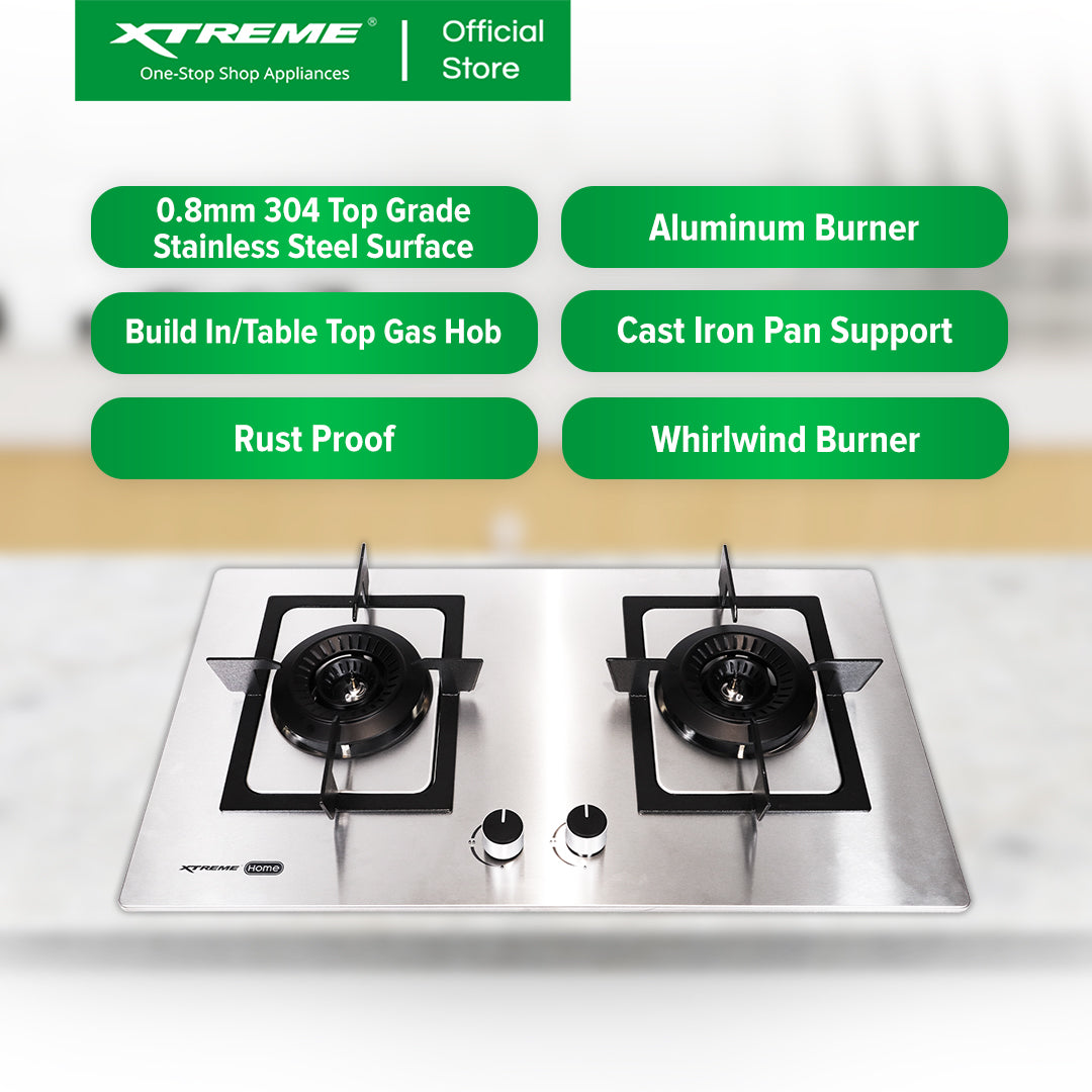 XTREME HOME Double Burner Stainless Steel Gas Hob w/ Cast Iron Battery Ignition & FFD | XH-GH-SS2BH