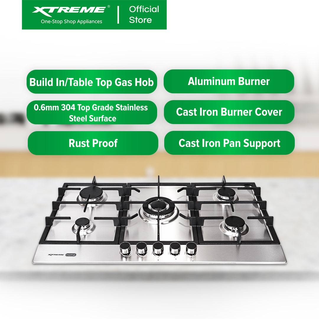 XTREME HOME 5 Burner Stainless Steel Gas Hob with Electric Ignition and FFD (Silver) | XH-GH-SS5BH